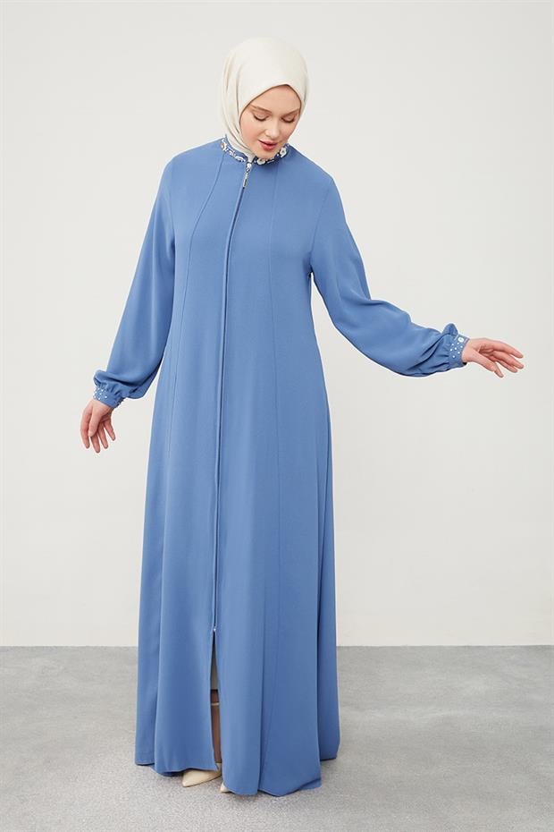 İndigo Yakası İşlemeli Ferace