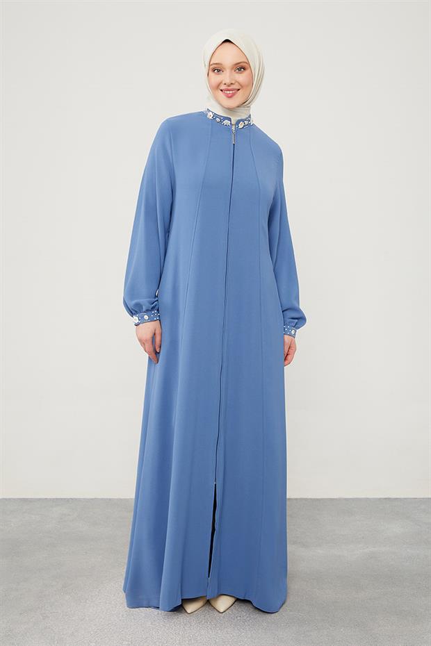 İndigo Yakası İşlemeli Ferace