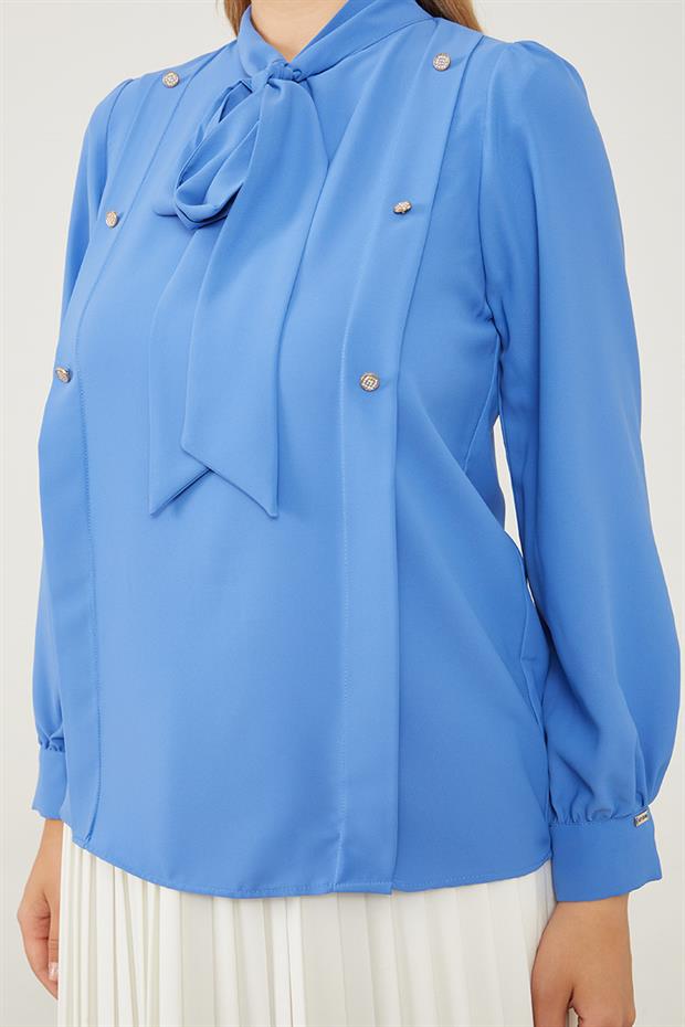 İndigo Kendinden Fular Bağlamalı Şifon Bluz