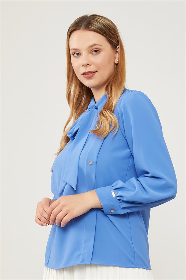 İndigo Kendinden Fular Bağlamalı Şifon Bluz