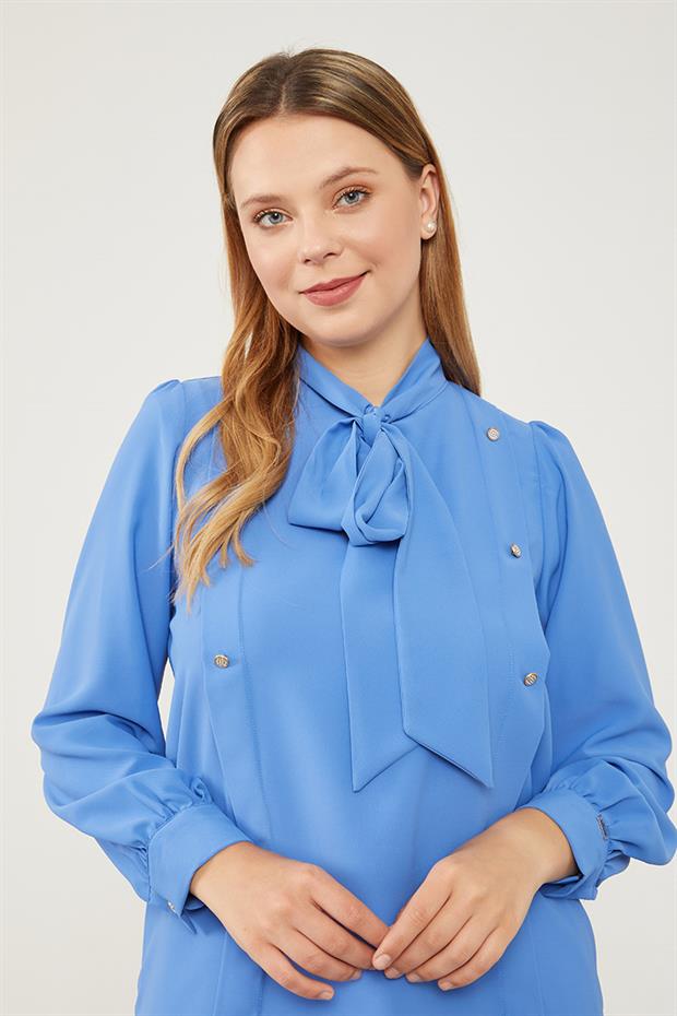 İndigo Kendinden Fular Bağlamalı Şifon Bluz