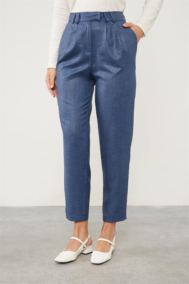 İndigo Keten Kumaş Havuç Pantolon