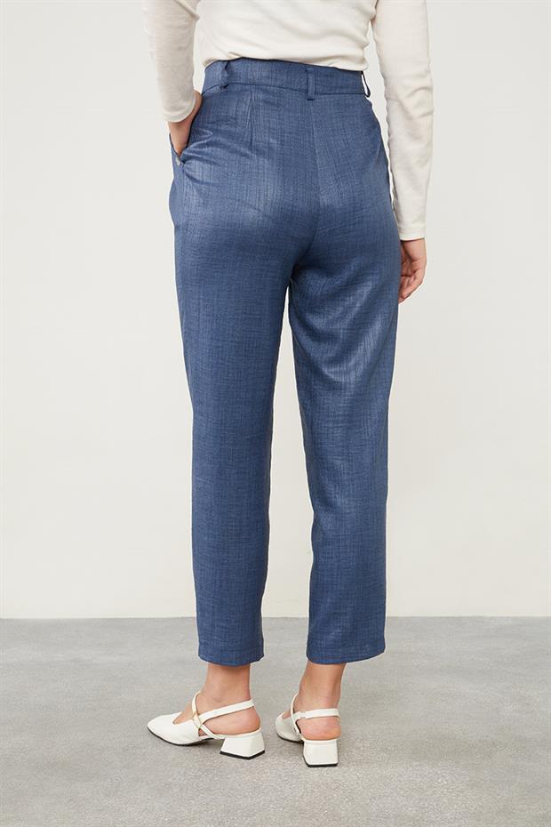 İndigo Keten Kumaş Havuç Pantolon