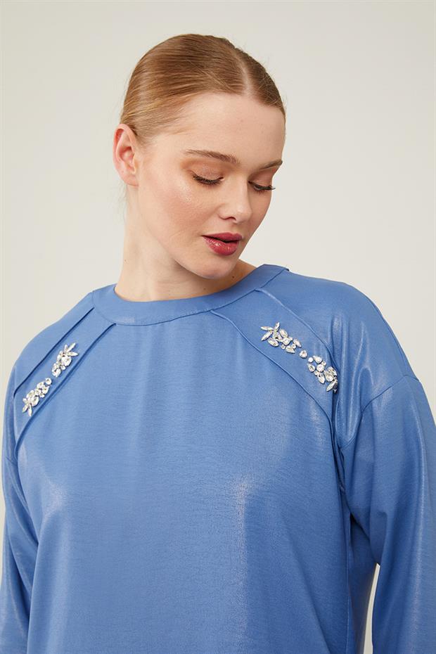 İndigo Önü Taş İşlemeli Geniş Pantolonlu Tunik Takım