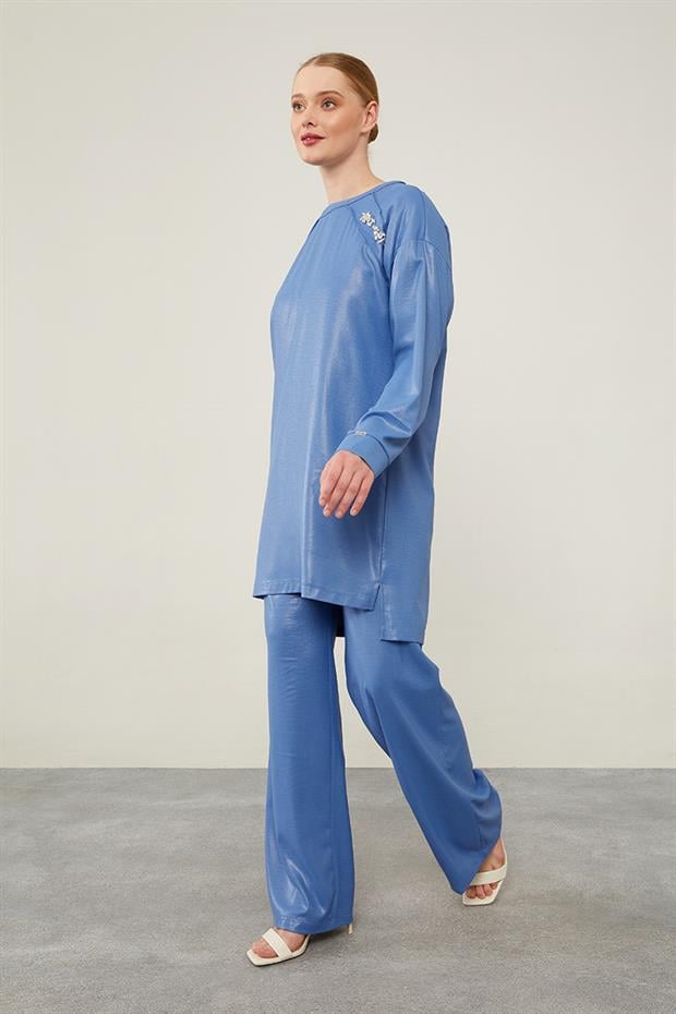 İndigo Önü Taş İşlemeli Geniş Pantolonlu Tunik Takım