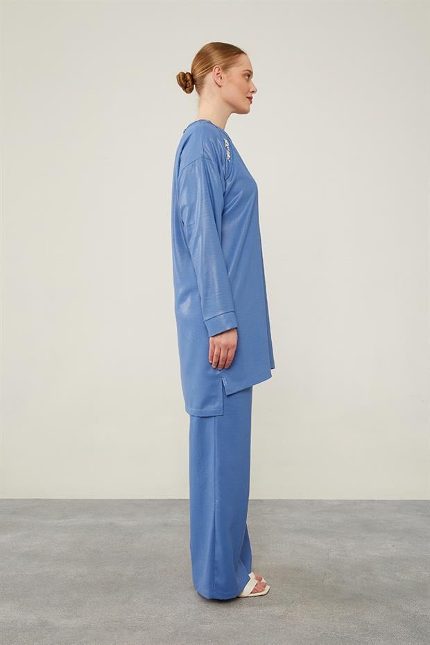 İndigo Önü Taş İşlemeli Geniş Pantolonlu Tunik Takım