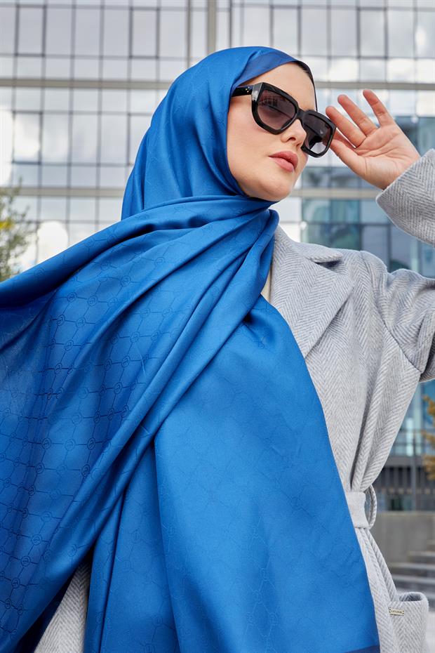 İndigo Petek Desen Monogram İpek Şal