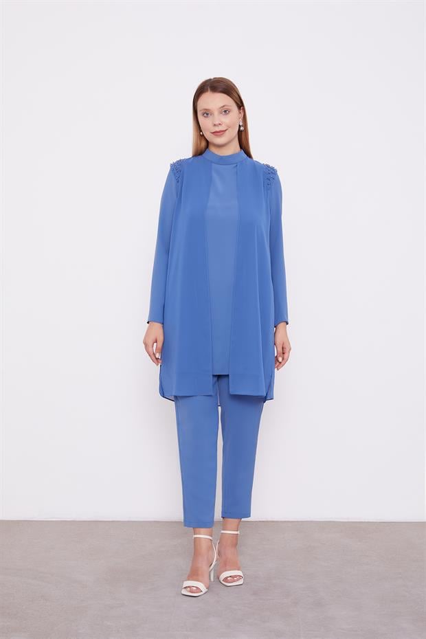 İndigo Şifon Omuzları İşlemeli İkili Takım