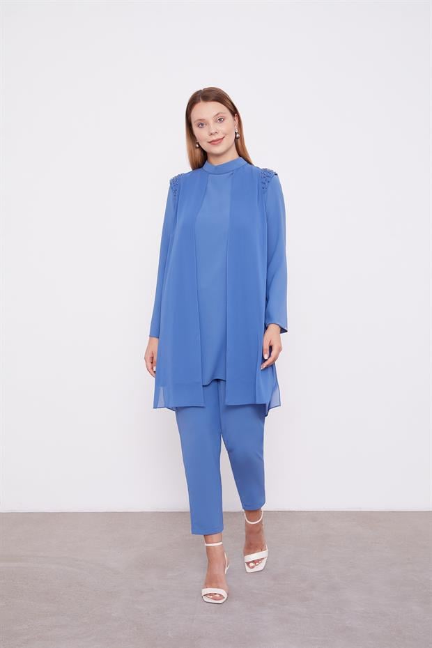 İndigo Şifon Omuzları İşlemeli İkili Takım