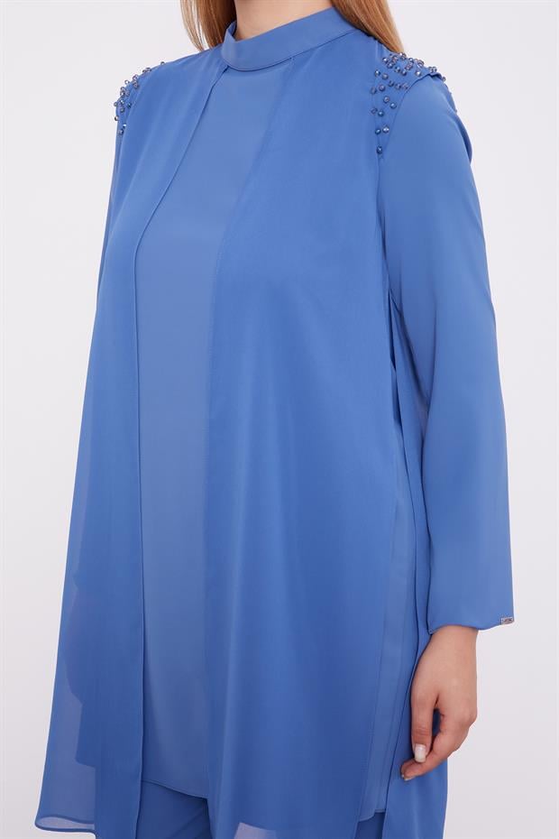 İndigo Şifon Omuzları İşlemeli İkili Takım