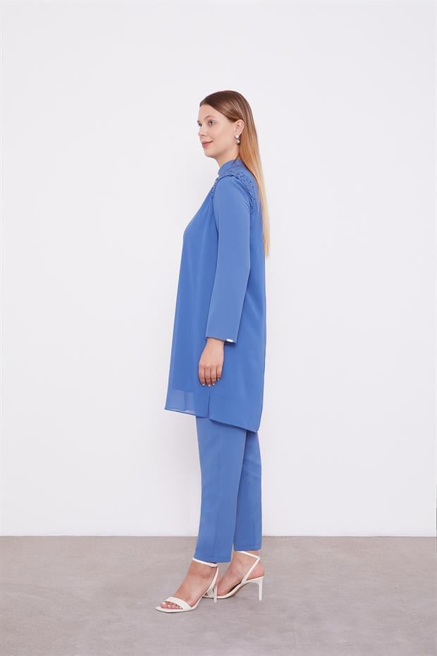 İndigo Şifon Omuzları İşlemeli İkili Takım