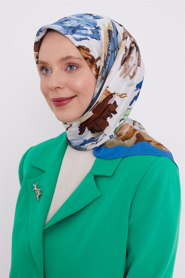 İndigo Soyut Desen Modal İpek Eşarp