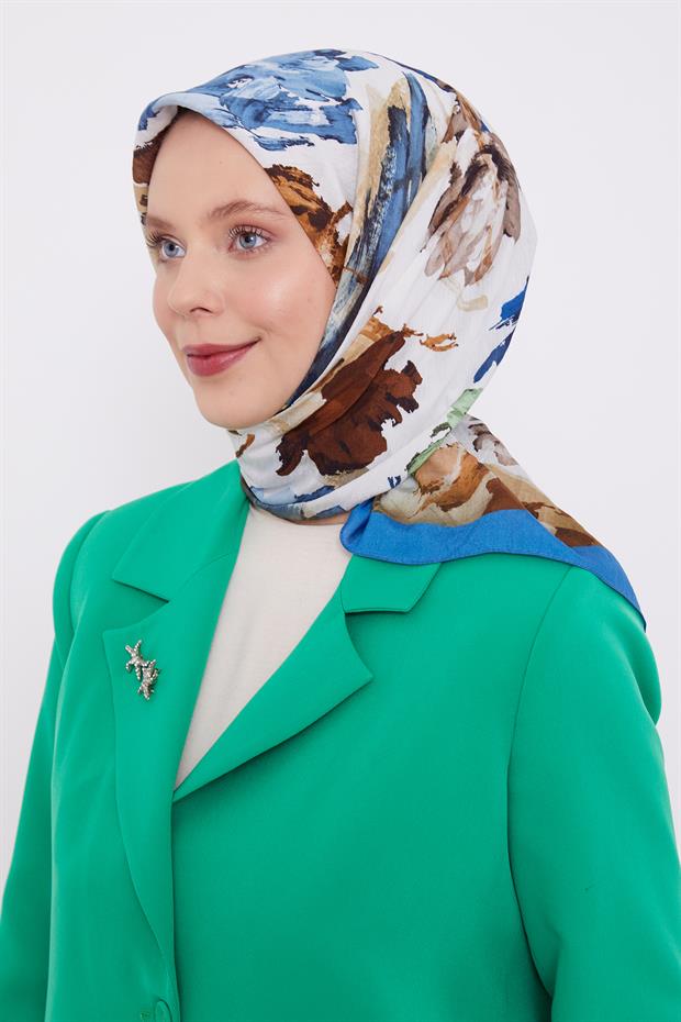 İndigo Soyut Desen Modal İpek Eşarp