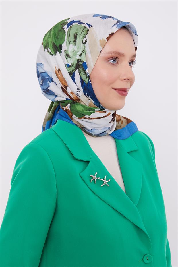 İndigo Soyut Desen Modal İpek Eşarp