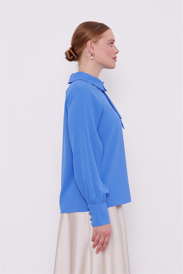 İndigo Yaka Taş Detaylı Bluz