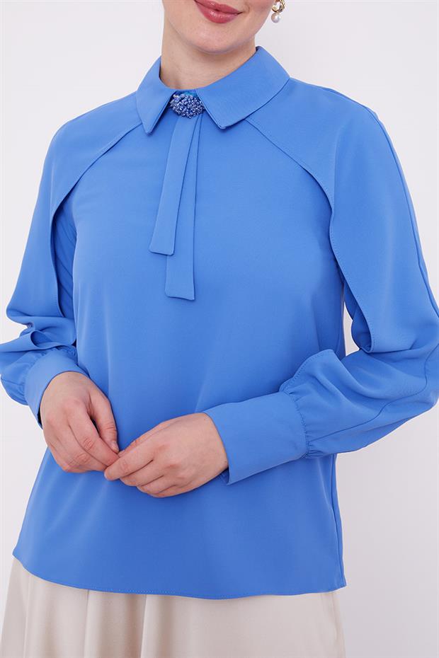 İndigo Yaka Taş Detaylı Bluz