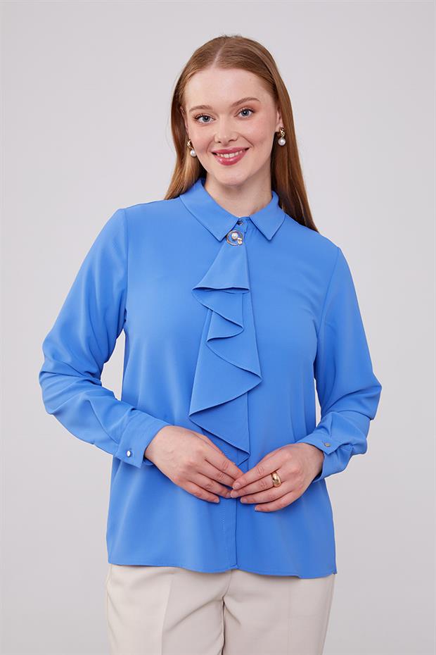 İndigo Yakası Fular Broş Detaylı Bluz