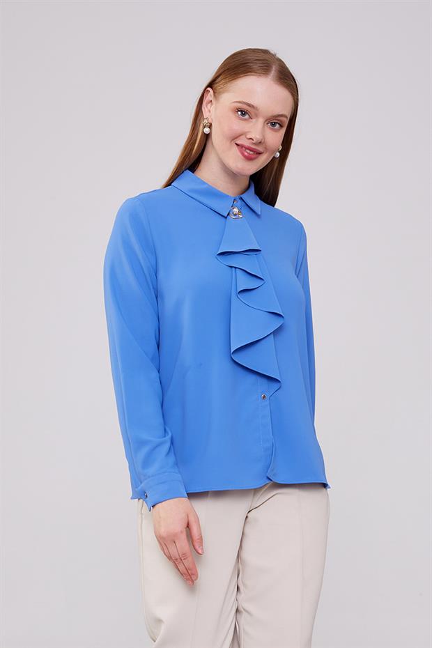 İndigo Yakası Fular Broş Detaylı Bluz