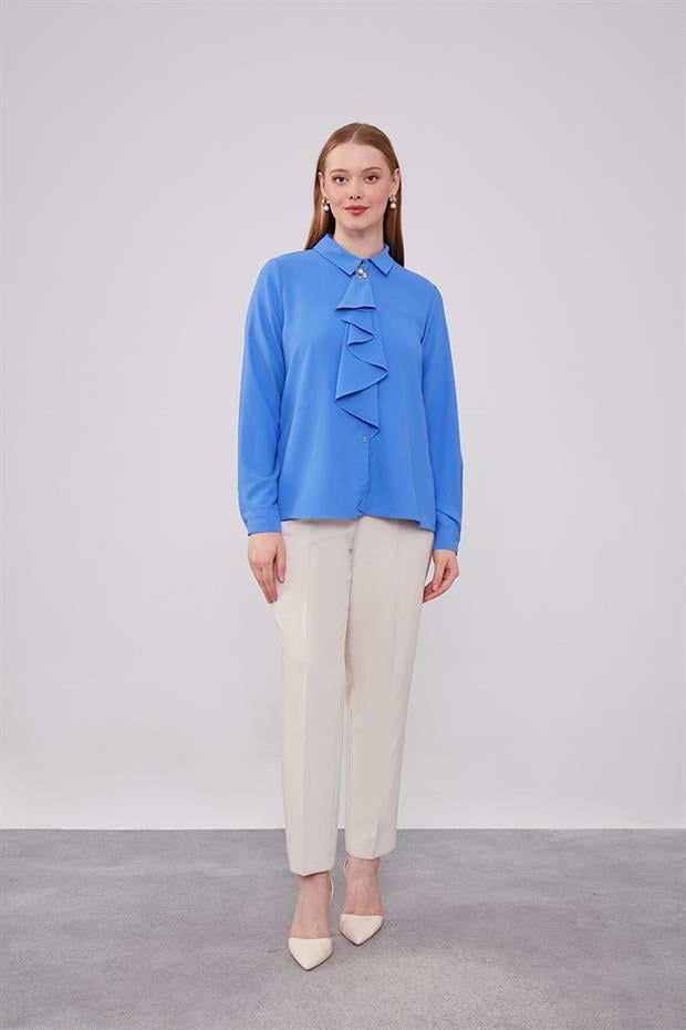 İndigo Yakası Fular Broş Detaylı Bluz