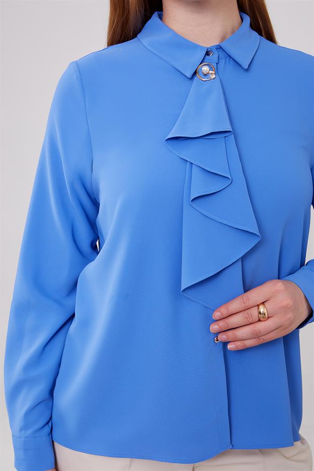 İndigo Yakası Fular Broş Detaylı Bluz