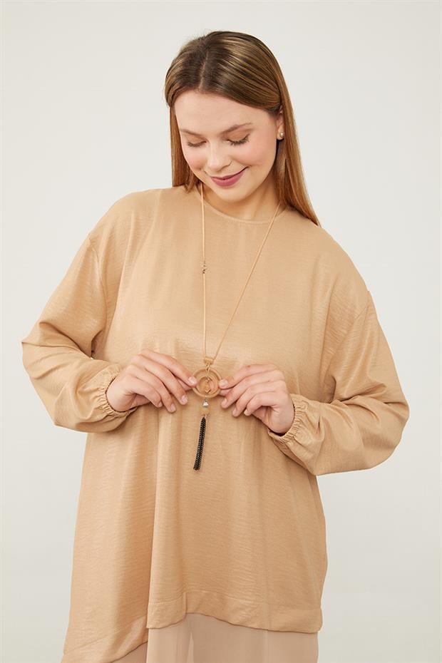 K.Bej Asimetrik Kesim Şifon Detaylı Tunik Takım
