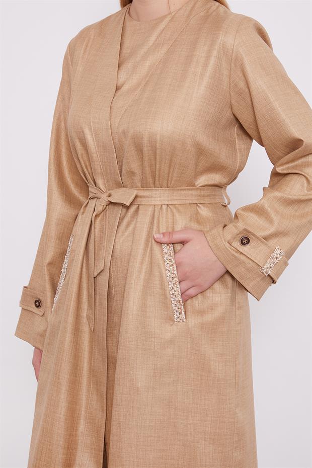 K.Bej İşlemeli  Melanj Kimono Üçlü Takım