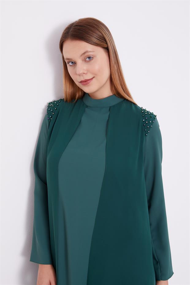 Koyu Yeşil Şifon Omuzları İşlemeli İkili Takım