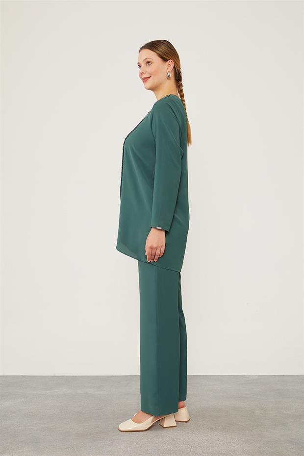 K.Yeşil İnci İşlemeli Şifon İkili Takım