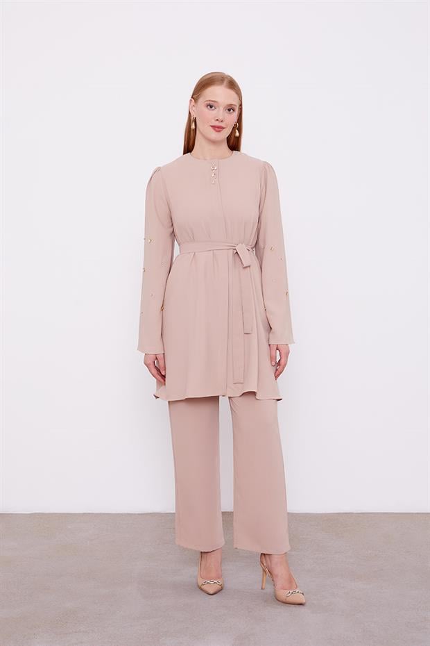 K.Bej Bisiklet Yaka Taş Detaylı İkili Takım