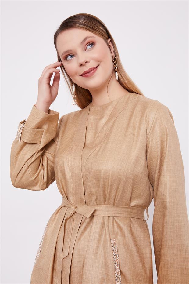 K.Bej İşlemeli  Melanj Kimono Üçlü Takım