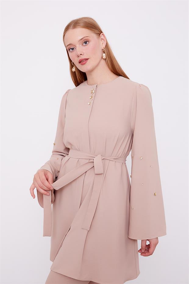 K.Bej Bisiklet Yaka Taş Detaylı İkili Takım