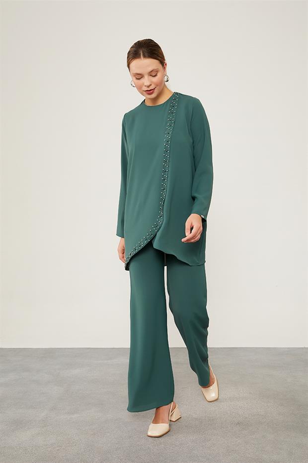 K.Yeşil İnci İşlemeli Şifon İkili Takım