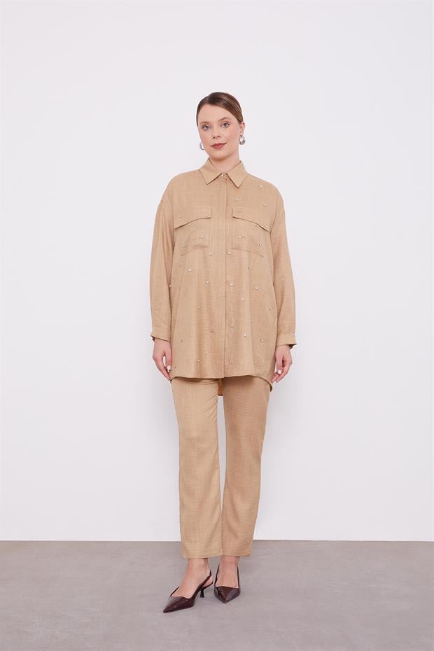 K.Bej Taş İşlemeli Melanj Gömlek İkili Takım