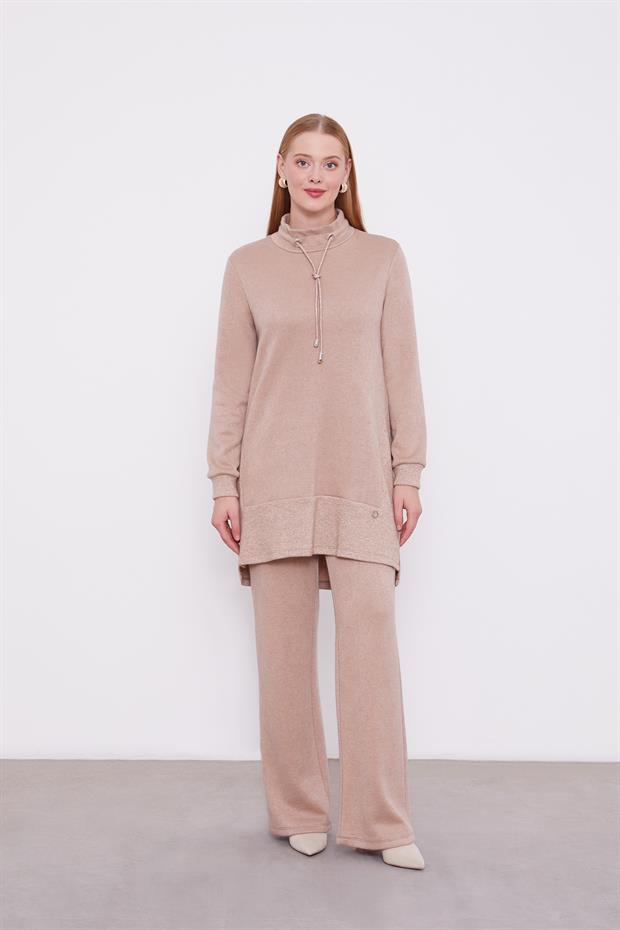 Koyu Bej Simli Kaşmir Kumaş İkili Takım