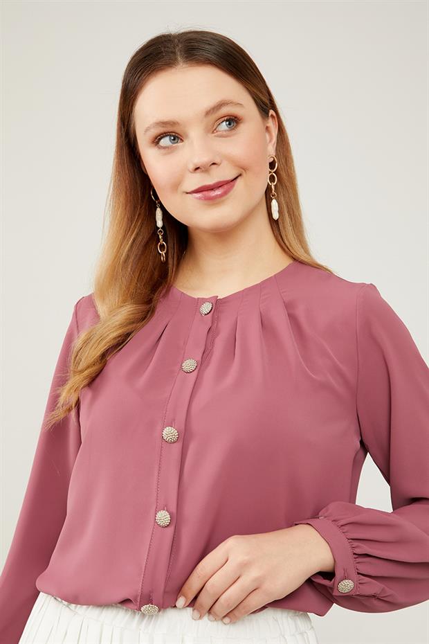 K.Pembe Bisiklet Yaka Taş  Düğmeli Gömlek