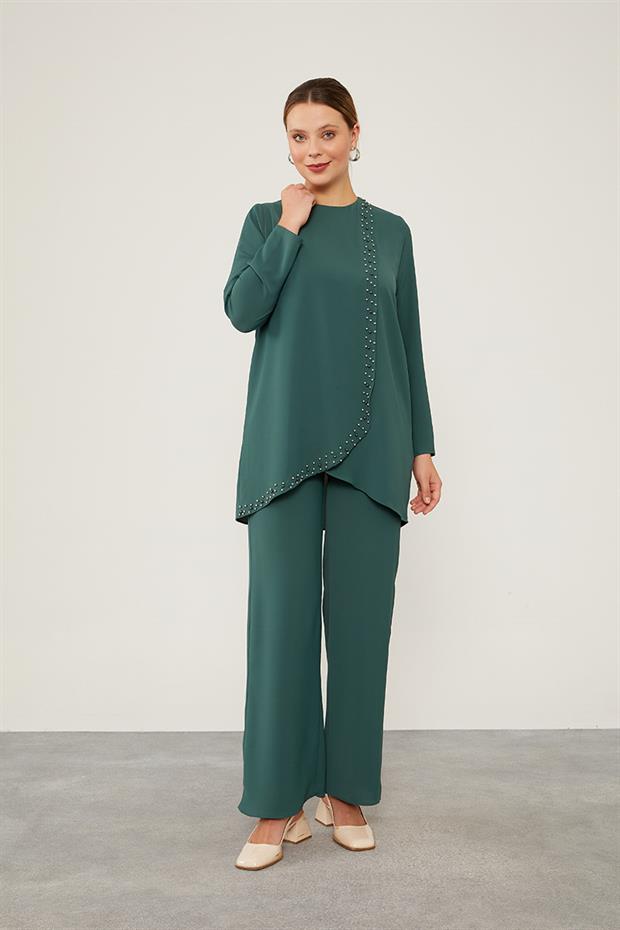 K.Yeşil İnci İşlemeli Şifon İkili Takım