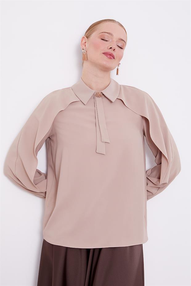 K.Bej Yaka Taş Detaylı Bluz