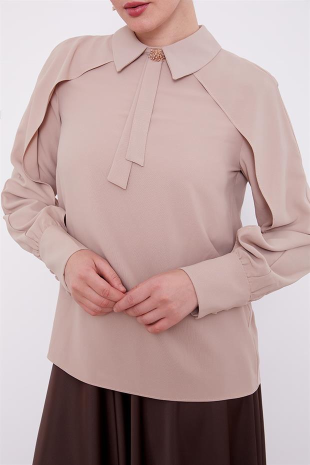 K.Bej Yaka Taş Detaylı Bluz