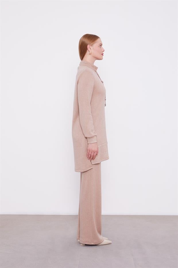 Koyu Bej Simli Kaşmir Kumaş İkili Takım