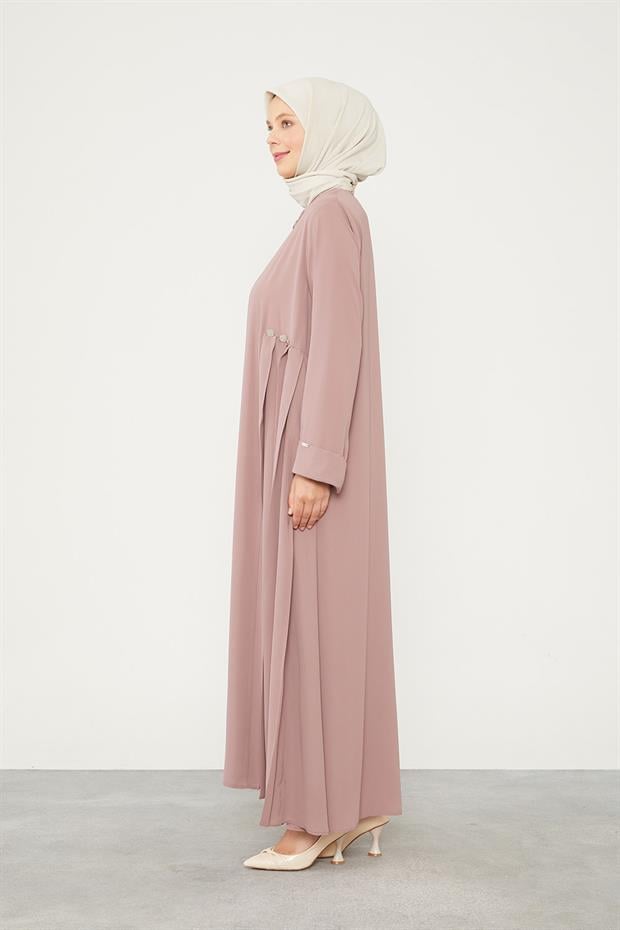 Koyu Pudra Yanları Pileli Düğme Detaylı Ferace