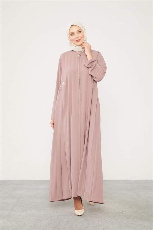 Koyu Pudra Yanları Pileli Düğme Detaylı Ferace