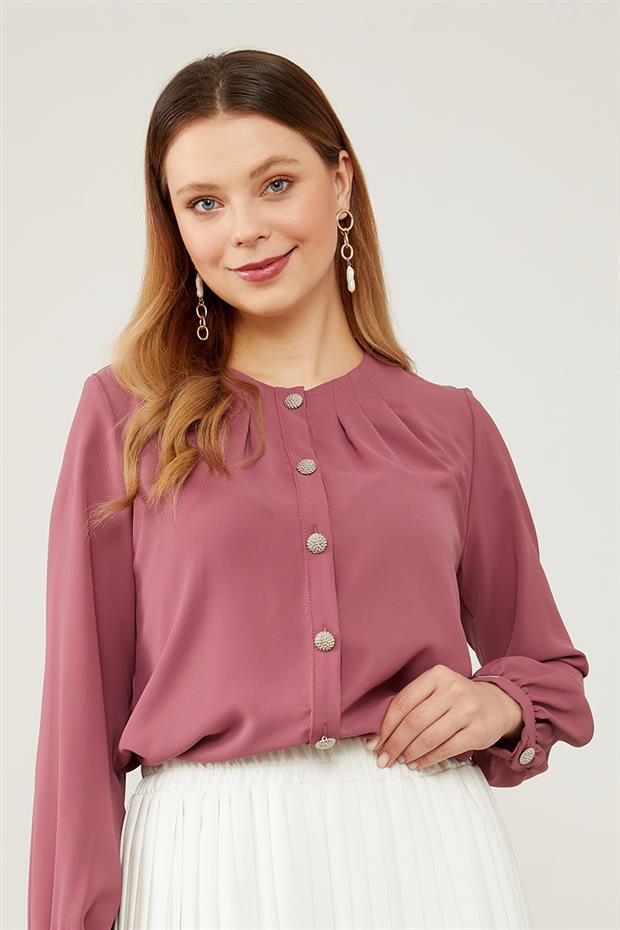 K.Pembe Bisiklet Yaka Taş  Düğmeli Gömlek