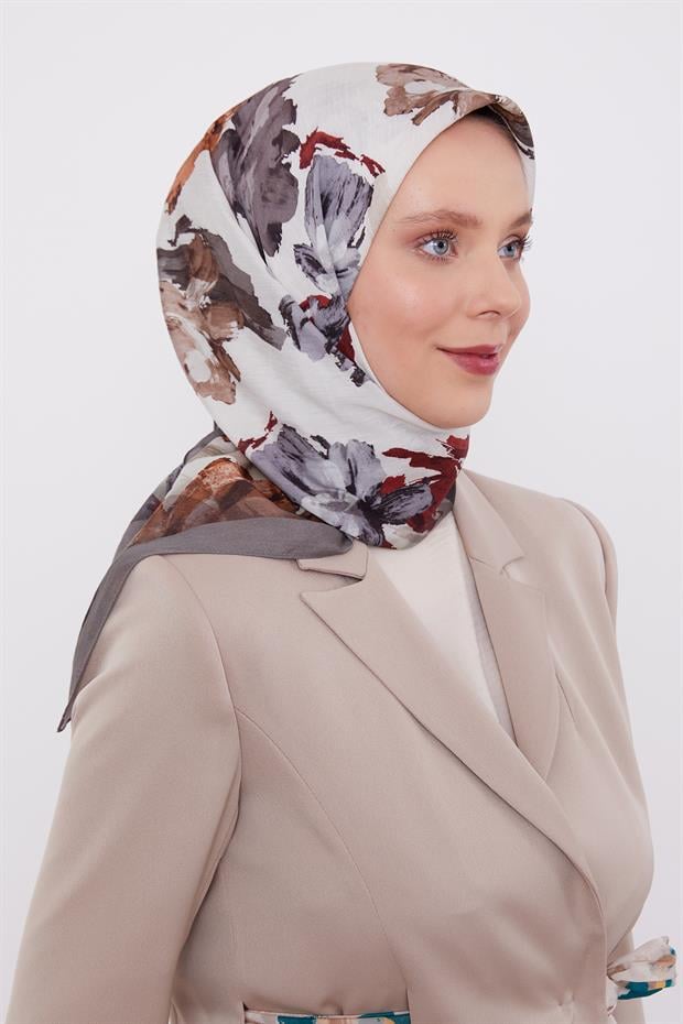 Koyu Vizon Soyut Desen Modal İpek Eşarp