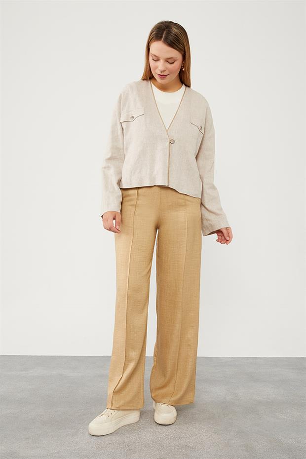 Koyu Bej Belli Lastikli Çizgi Detay Pantolon