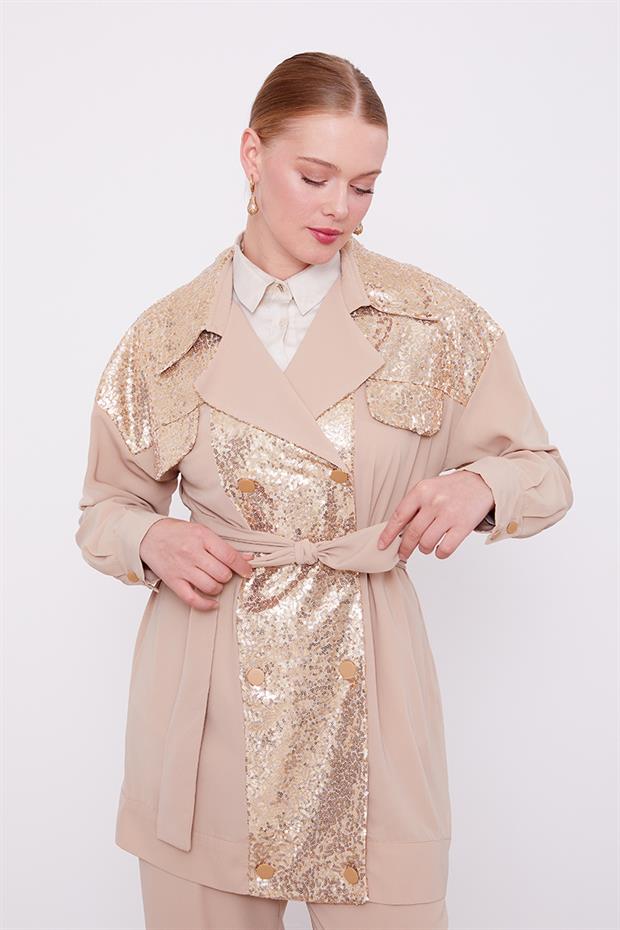 K.Bej Payet İşlemeli Kuşak Bağlamalı Ceket Takım