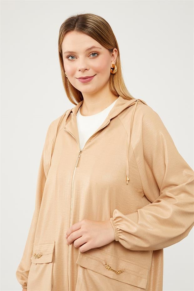 K.Bej Kapüşonlu Fermuar Kapamalı Spor Takım