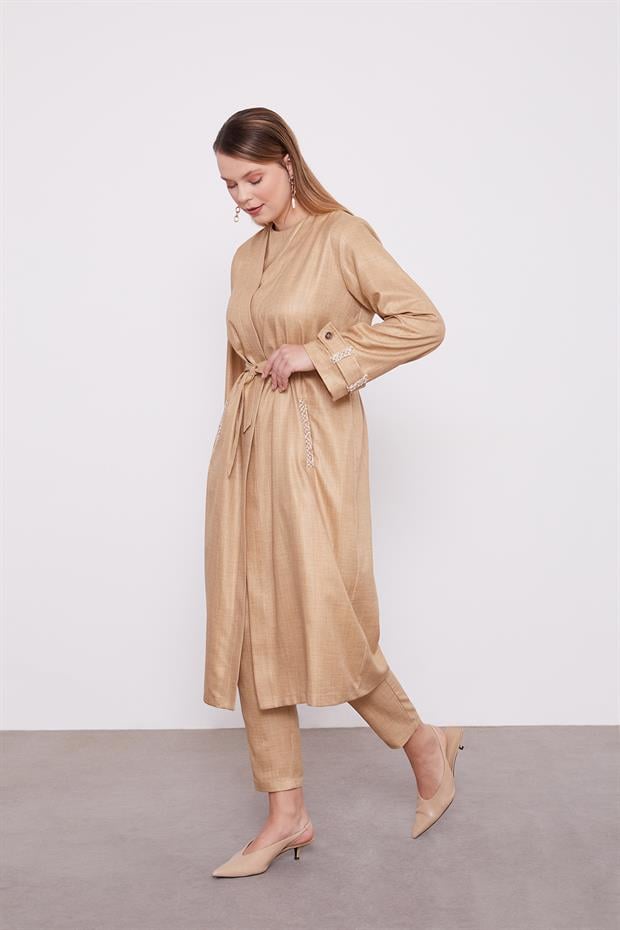 K.Bej İşlemeli  Melanj Kimono Üçlü Takım