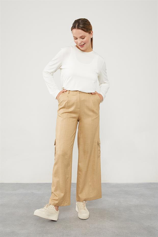 Koyu Bej Keten Kargo Pantolon