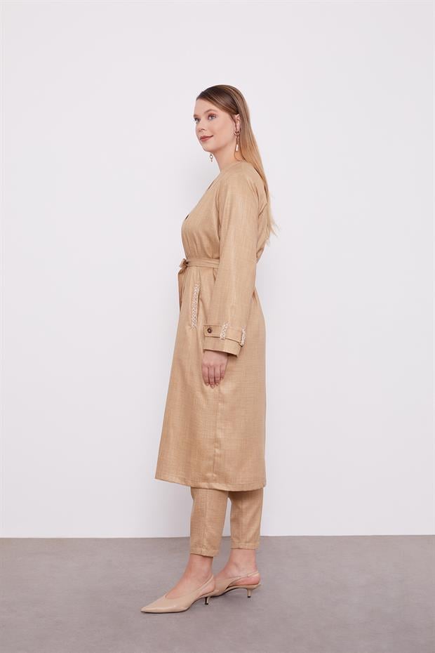 K.Bej İşlemeli  Melanj Kimono Üçlü Takım