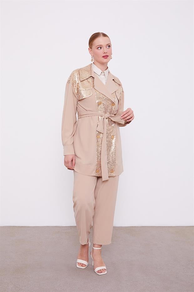 K.Bej Payet İşlemeli Kuşak Bağlamalı Ceket Takım